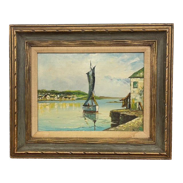 Vintage Mid Century Coastal Harbor Painting Signed “Jay," Framed by Wolsey, California For Sale