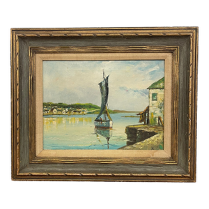 Vintage Mid Century Coastal Harbor Painting Signed “Jay," Framed by Wolsey, California