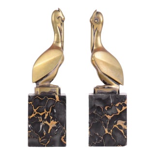 1925 French Gh Laurent Pelican Bronze Bookends on Variegated Marble Bases - a Pair For Sale