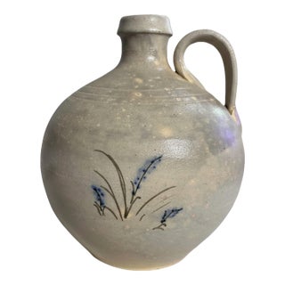 ML Owens 1988 Signed Seagrove Nc Stoneware Jug With Blue Floral Decoration For Sale
