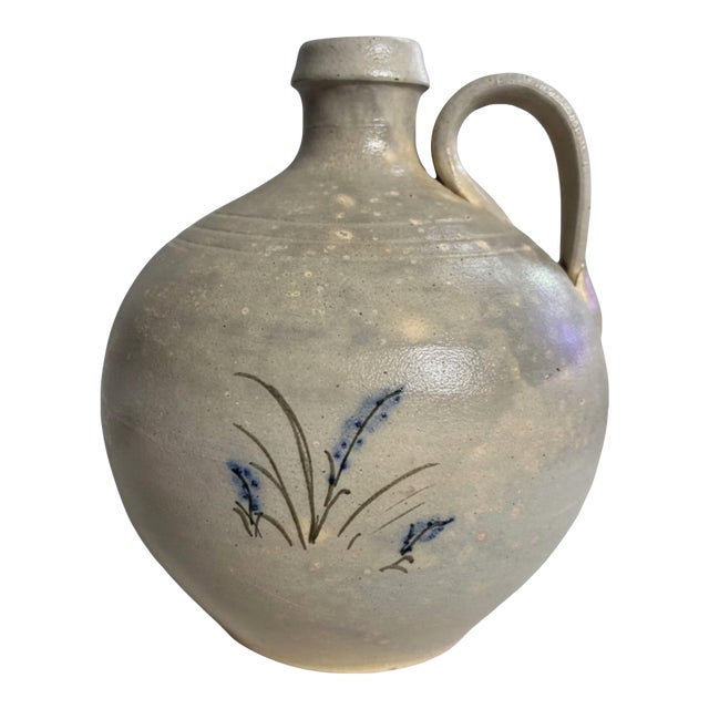 ML Owens 1988 Signed Seagrove Nc Stoneware Jug With Blue Floral Decoration For Sale