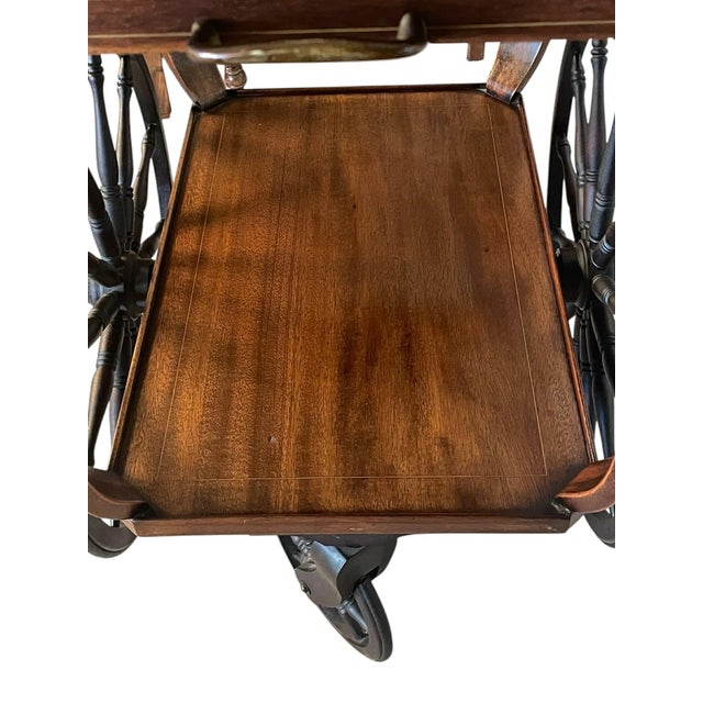 Antique Tea Cart With Brass Inlay, Wood Framed Glass Tray Top For Sale - Image 6 of 18