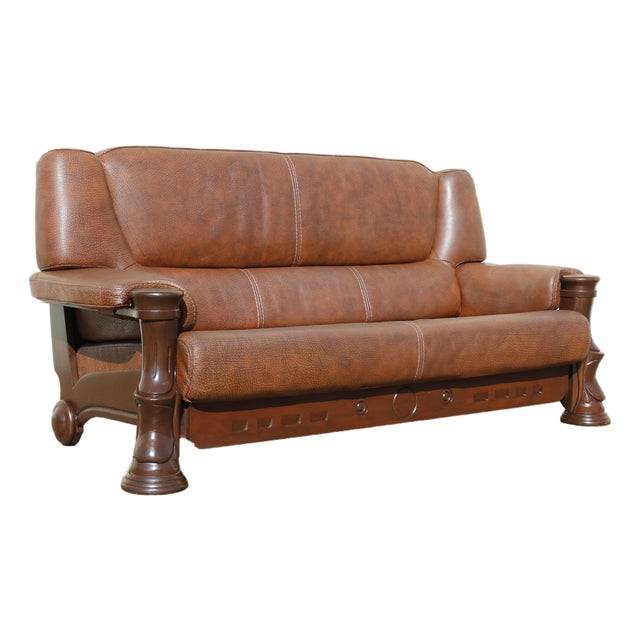 1970s Sculptural Brown Leather Sofa With Solid Wood Frame, Modernist Postmodern Lounge Couch Design For Sale