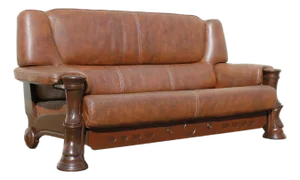 1970s Sculptural Brown Leather Sofa With Solid Wood Frame, Modernist Postmodern Lounge Couch Design