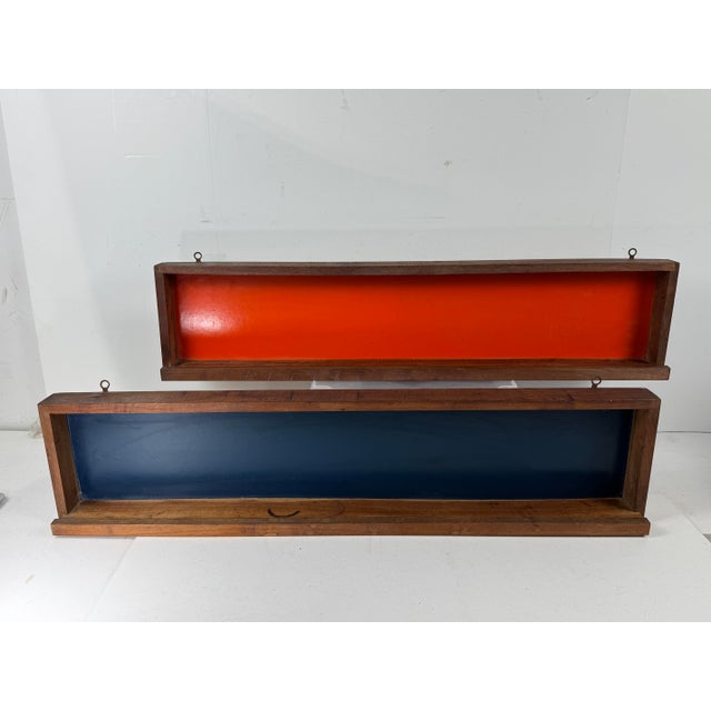 MCM 1950s Cabin Modern Architect Pair of MCM Walnut Wall Shelf Spice Rack in Orange+Blue Background Panels For Sale - Image 4 of 7
