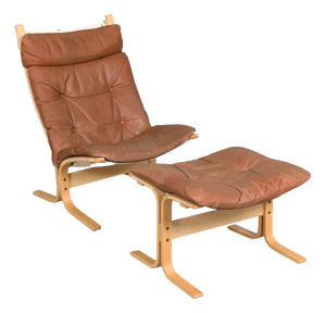 Set of Cognac Leather Highback Siesta Chair and Ottoman by Ingmar Relling for Westnofa, 1970s