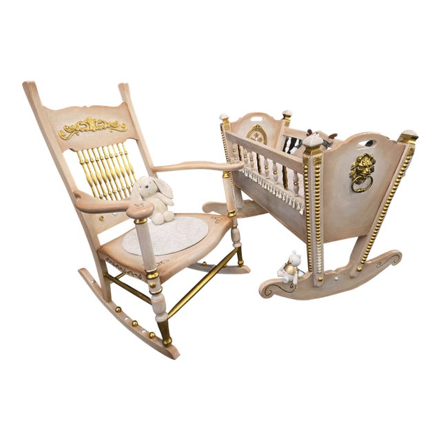Vintage Hand-Painted Nursery Rocking Set: Gold Accent Cradle & Rocking Chair For Sale