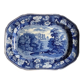 Antique 19th Century Enoch Wood and Sons, Burslem Blue Transferware Turkey Platter - Brancepeth Castle, Durham Circa 1825 For Sale