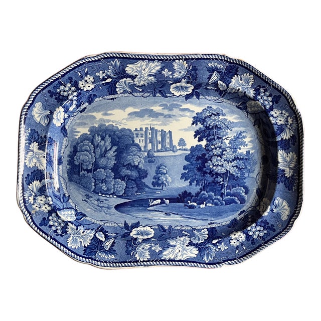 Antique 19th Century Enoch Wood and Sons, Burslem Blue Transferware Turkey Platter - Brancepeth Castle, Durham Circa 1825 For Sale