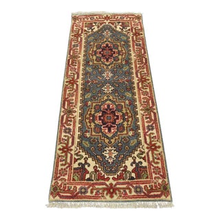 Heriz Runner 2’6” X 6’1” Blue Wool Tribal Hand-Knotted Oriental Rug For Sale