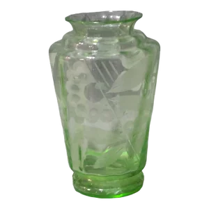 Early 20th Century Vaseline Glass Vase Wheel Cut and Edged Beautiful Floral Design