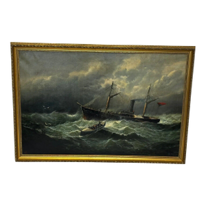 Dramatic Large Victorian Marine Oil Painting Dundee Steam Whaler in Distress, Rescued by Rnli Lifeboat by William Broome c.1890