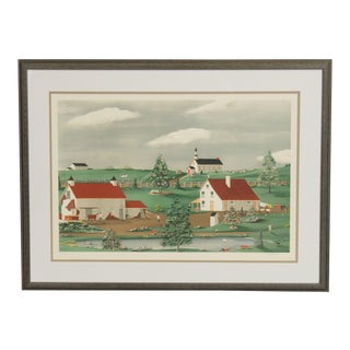 Charles J. White Signed Folk Art Landscape Lithograph For Sale