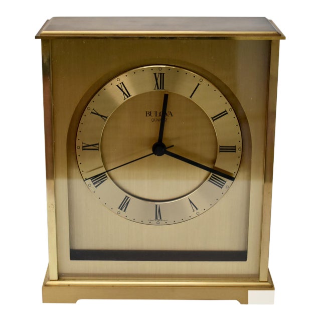 Vintage Bulova Heavy Brushed Brass Quartz Roman Numera Desk/Mantle Clock For Sale