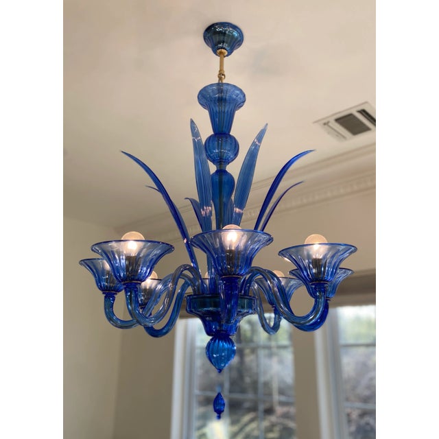 1980s 1980s Blue Murano Style Glass Chandelier With 8 Leaves and 8 Lighted Arms, Hand Blown in Murano Italy For Sale - Image 5 of 11