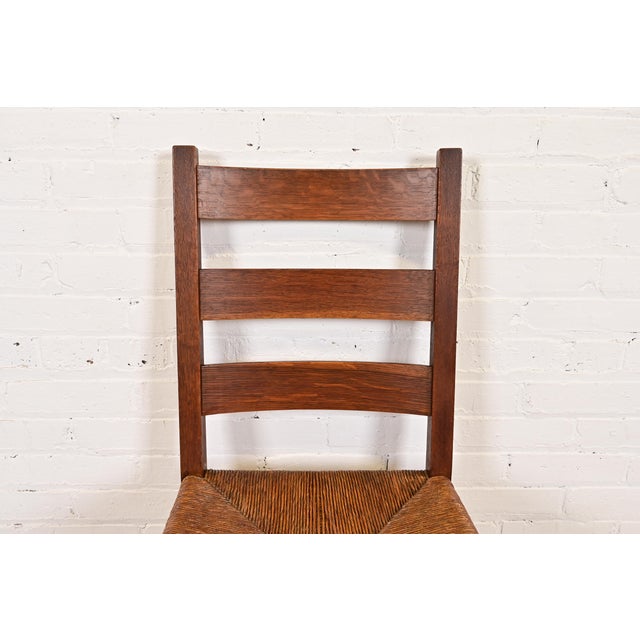 Gustav Stickley Antique Mission Oak Arts & Crafts Ladder Back Side Chairs or Dining Chairs With Rush Seats, Pair For Sale In South Bend - Image 6 of 12