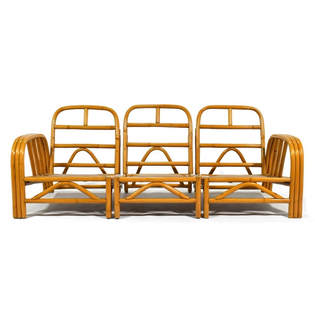 Mid-Century Modern Ficks Reed Three Strand Rattan "Angles" Three Piece Sofa For Sale - Image 3 of 12