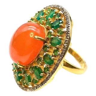 Bochic "Orient" Vintage Orange Opal, Emerald & Diamond Ring Set In 18K & Silver For Sale