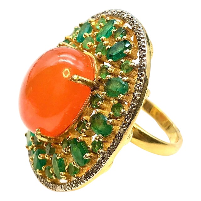 Bochic "Orient" Vintage Orange Opal, Emerald & Diamond Ring Set In 18K & Silver For Sale