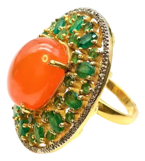 Bochic "Orient" Vintage Orange Opal, Emerald & Diamond Ring Set In 18K & Silver