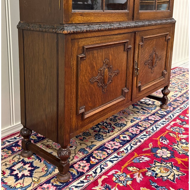 Antique English Jacobean Bookcase Bookshelf Cabinet Double Door Oak c.1930s For Sale - Image 11 of 17