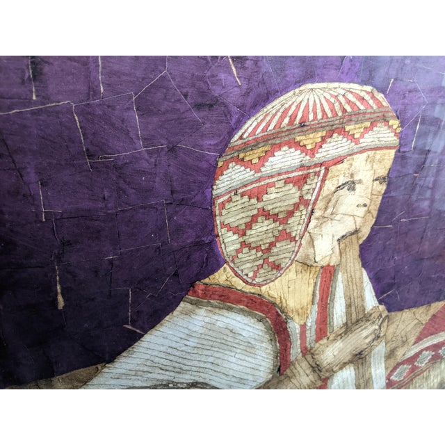 Late 20th Century Oversized Vintage Andean Musicians Banana Leaf Mosaic Folk Art – Purple, Red & Cream For Sale - Image 5 of 17
