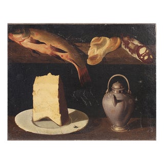 Still Life with Fish, Cheese, and a Teapot, Oil on Canvas, 1800s For Sale