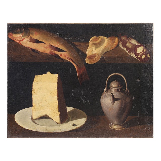 Still Life with Fish, Cheese, and a Teapot, Oil on Canvas, 1800s For Sale