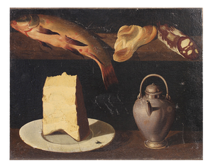 Still Life with Fish, Cheese, and a Teapot, Oil on Canvas, 1800s