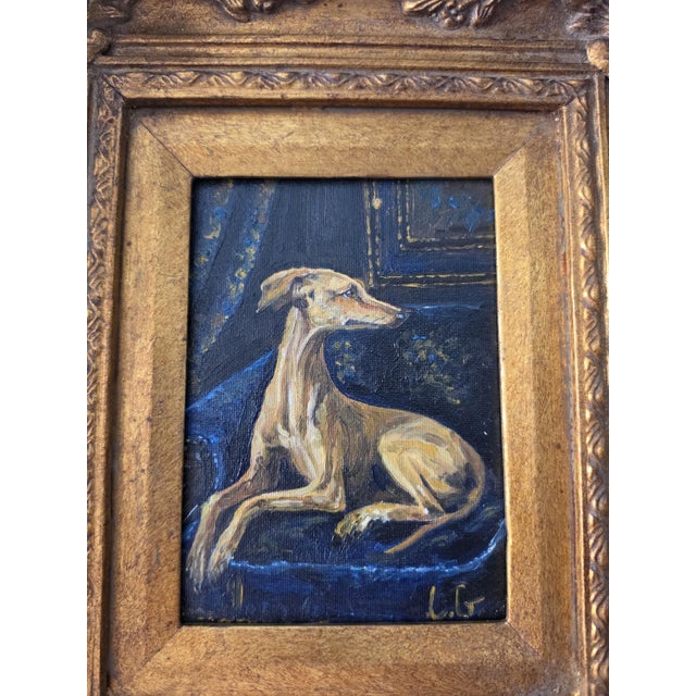 Late 20th Century Original Greyhound Oil Painting, Hand Painted Whippet Portrait, Vintage Gilded Frame, Dog Lover Wall Art, One of a Kind Artwork For Sale - Image 13 of 14