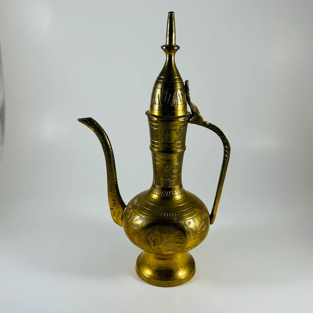 Vintage Brass Teapot Oil Pitcher Genie Lamp Hinged Etched Ornate, India For Sale - Image 4 of 5
