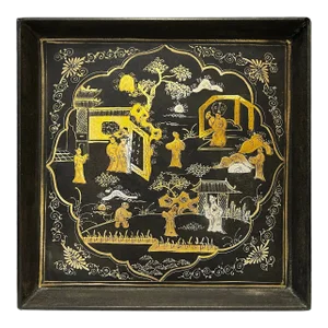 Chinoiserie Golden Graphic Black Lacquer Square Display Disc Plate Tray