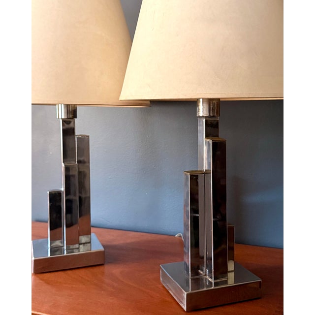 Art Deco Vintage Chrome Architectural Table Lamps With Brass Shell Finials - a Pair For Sale - Image 3 of 6