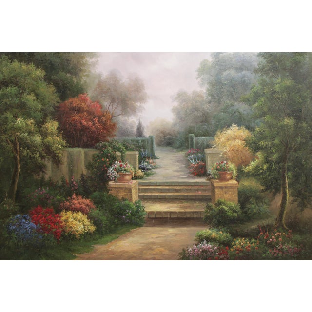 1970s Large Hand Painted Oil Painting on Canvas Outdoor Garden Scene For Sale - Image 5 of 18