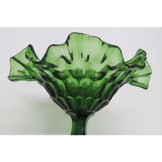 Mid-Century Modern Fenton Green Thumbprint Style Ruffled Pedestal Large Compote Candy Dish 4570b For Sale - Image 3 of 15