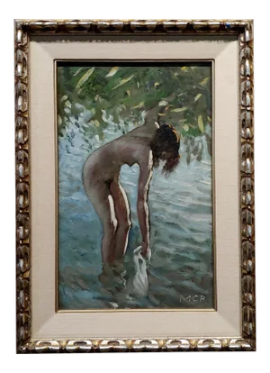 Pal Molnar - Female Bathing at the Lake - Oil Painting