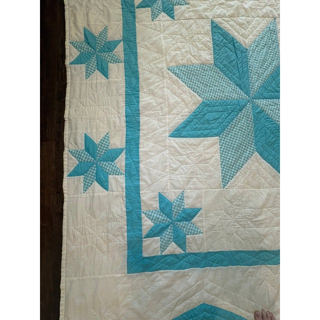 Turquoise Vintage Handmade Quilted Turquoise and White Lone Star Quilt For Sale - Image 8 of 15