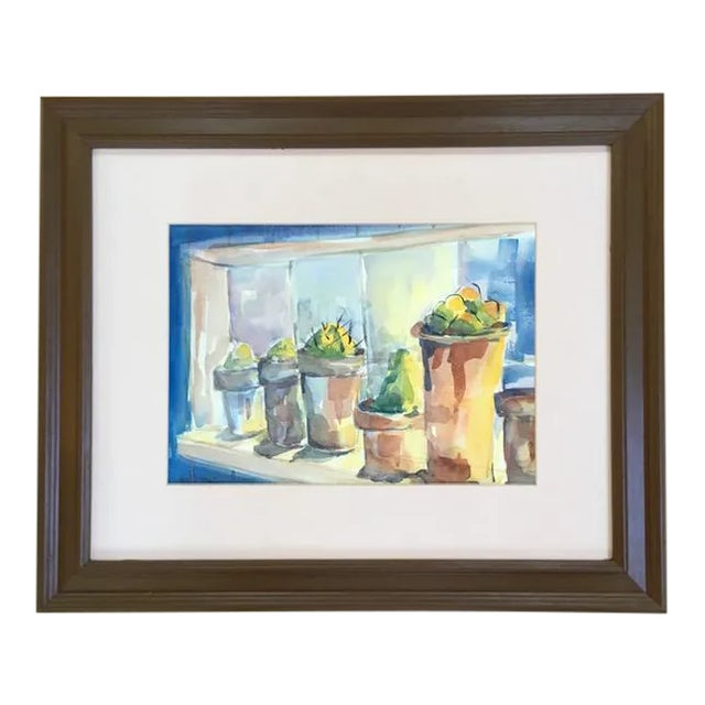 Potted Succulents, 1980's Still Life Watercolor Painting, Signed and Framed For Sale