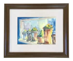 Potted Succulents, 1980's Still Life Watercolor Painting, Signed and Framed