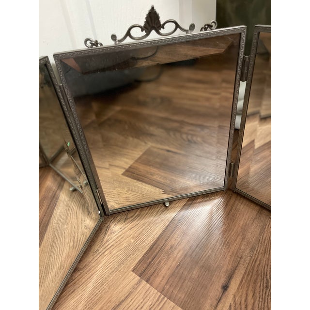 Metal Antique French Embossed 3 Way Vanity Mirror For Sale - Image 7 of 14
