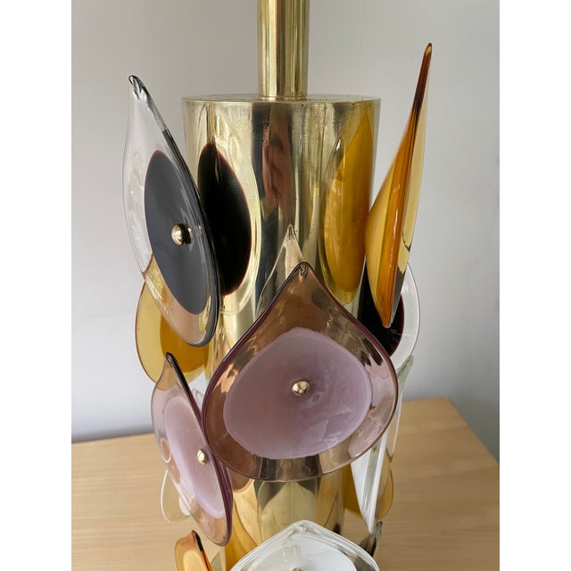 Mid-Century Modern Contemporary Brass Murano Glass Flame Lamps, Italy - a Pair EU Wired For Sale - Image 3 of 13