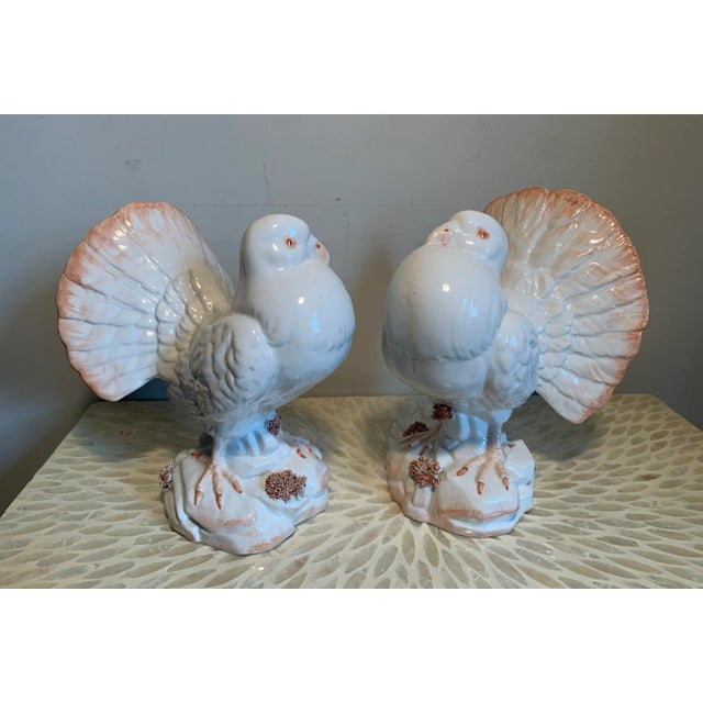 Vintage Italian Glazed Pottery White Fantail Dove Figurines- Set of 2 For Sale - Image 9 of 9