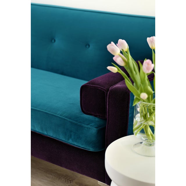 Early 21st Century Custom Reimagined 88" Mid-Century Modern Style Two-Tone Teal Velvet and Dark Purple Mohair Sofa For Sale - Image 5 of 7