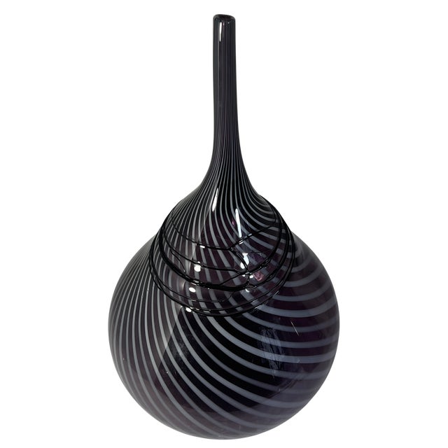 24 + In. Murano Style Purple White Applied Black Swirl Bulbous Art Glass Vase Set of 2 For Sale - Image 12 of 14