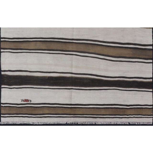 Measures: 4'3 x 4'8 Vintage Turkish Kilim Rug with Ivory, Brown and Dark Stripe Bands. Keivan Woven Arts / rug/TU-...