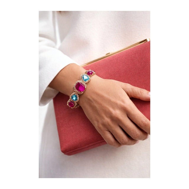 Traditional Bochic “Capri” Vintage Ruby, Sapphire & Blue Topaz - 18K Gold & Silver For Sale - Image 3 of 12