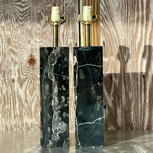 Late 20th Century Vintage Boho Solid Black Marble Lamps - a Pair For Sale - Image 5 of 8