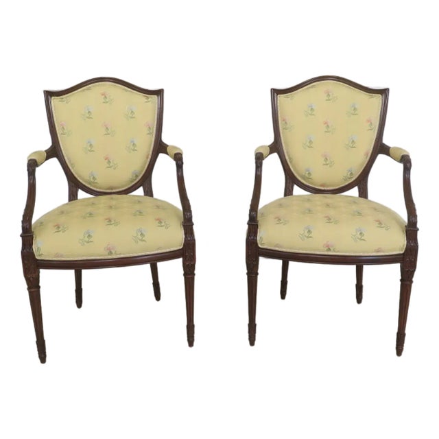 1990s Shield Back Style Upholstered Arm Chairs - Pair For Sale