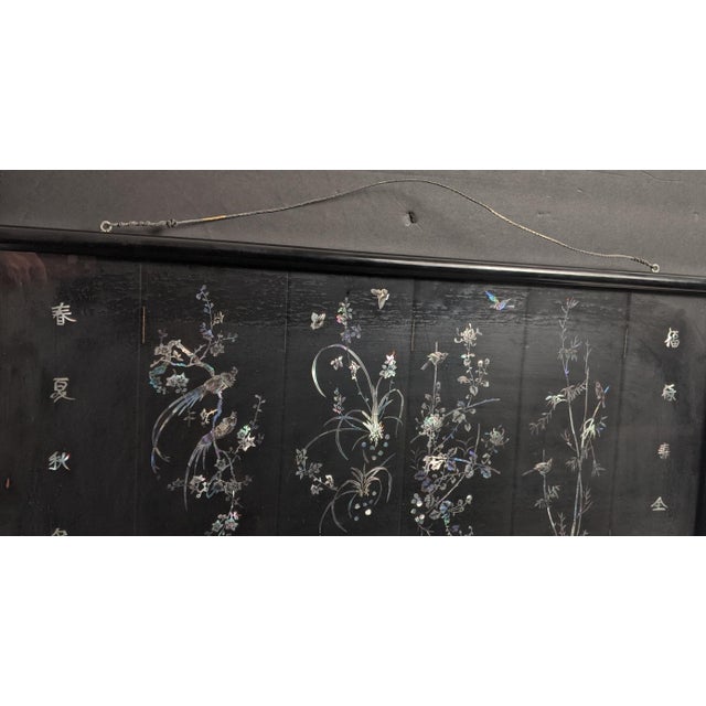 Framed Vintage Chinese Six-Panel Lacquer Mother-of-Pearl Four Seasons Screen For Sale - Image 11 of 11