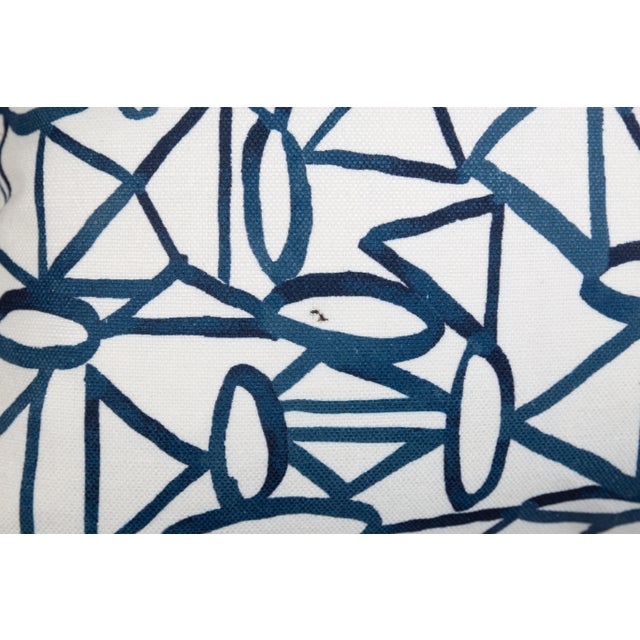 Pair of custom navy blue and ivory geometric scribble pattern pillows. Patterns on fronts, solid coordinating ivory linen...